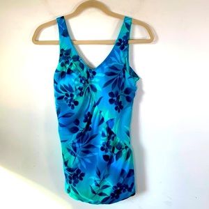 Body I. D. One Piece Blue Tropical Floral Print Ruched Size M Swimsuit